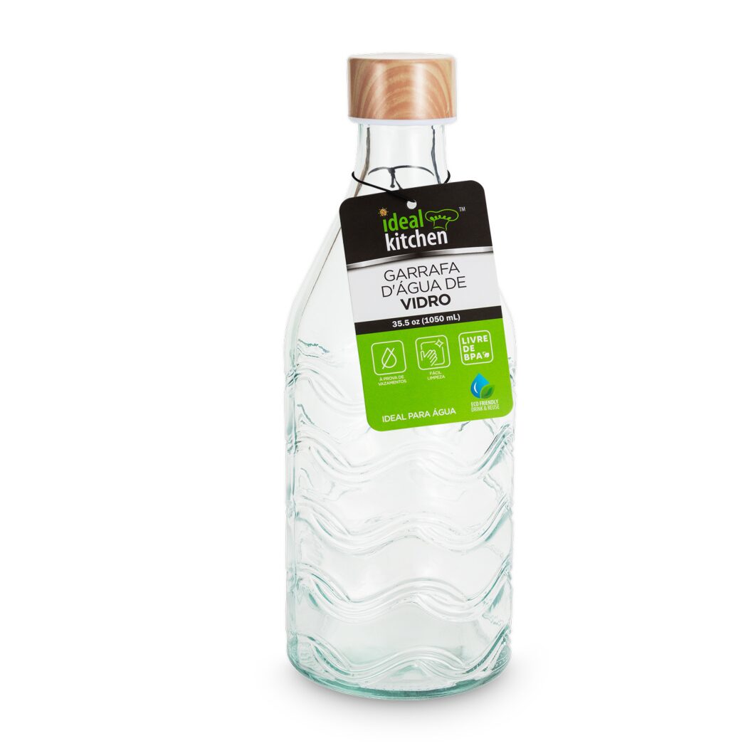 Glass Water Bottle - 1L<br /> Tampa Hermética<br />12 unidades por caixa<br />Caixa: 40X30X30cm<br /><span style="color:#35bfc3">$1,79</span>