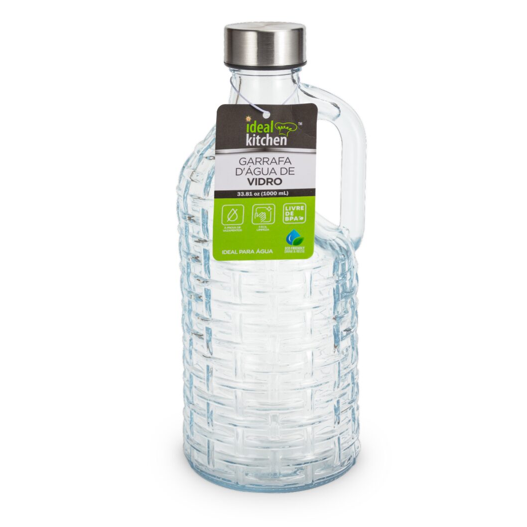 Glass Water Bottle - 1L <br /> Tampa Hermética<br />12 unidades por caixa<br />Caixa: 40X30X30cm<br /><span style="color:#35bfc3">$1,79</span>
