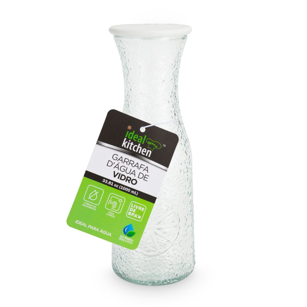 Glass Water Pitcher - 1L<br /> Tampa Hermética<br />12 unidades por caixa<br />Caixa: 40X30X30cm<br /><span style="color:#35bfc3">$1,79</span>